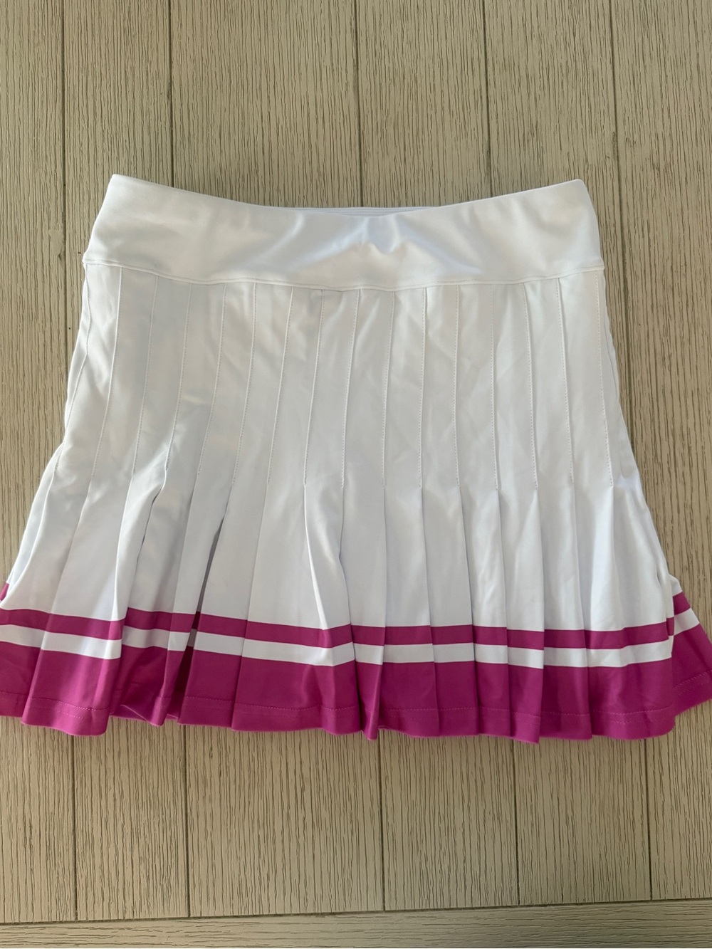 Women's White Pleated Skater Skirt with Pink Stripe
